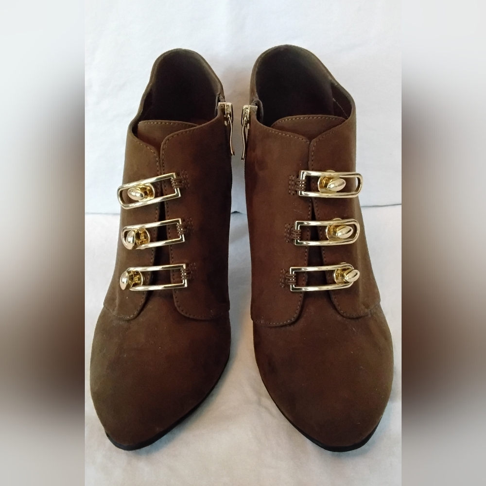 Eva /Joe Womens Brown /Gold Suede Ankle Boots with Gold Buckles